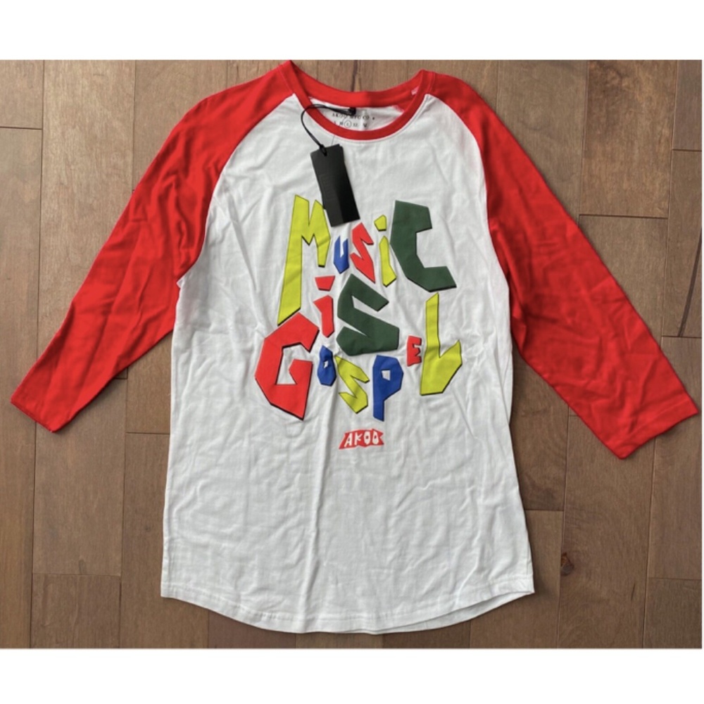 Akoo T Shirt Tee 3/4 Sleeve Graphic Print Music is Gospel Large L